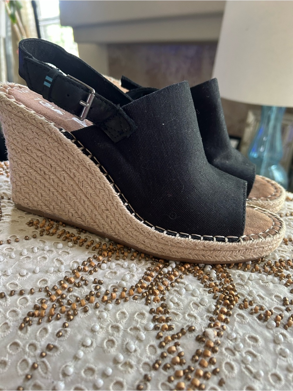 Toms Black Espadrille Slingback Wedge Sandals size 8.5M.